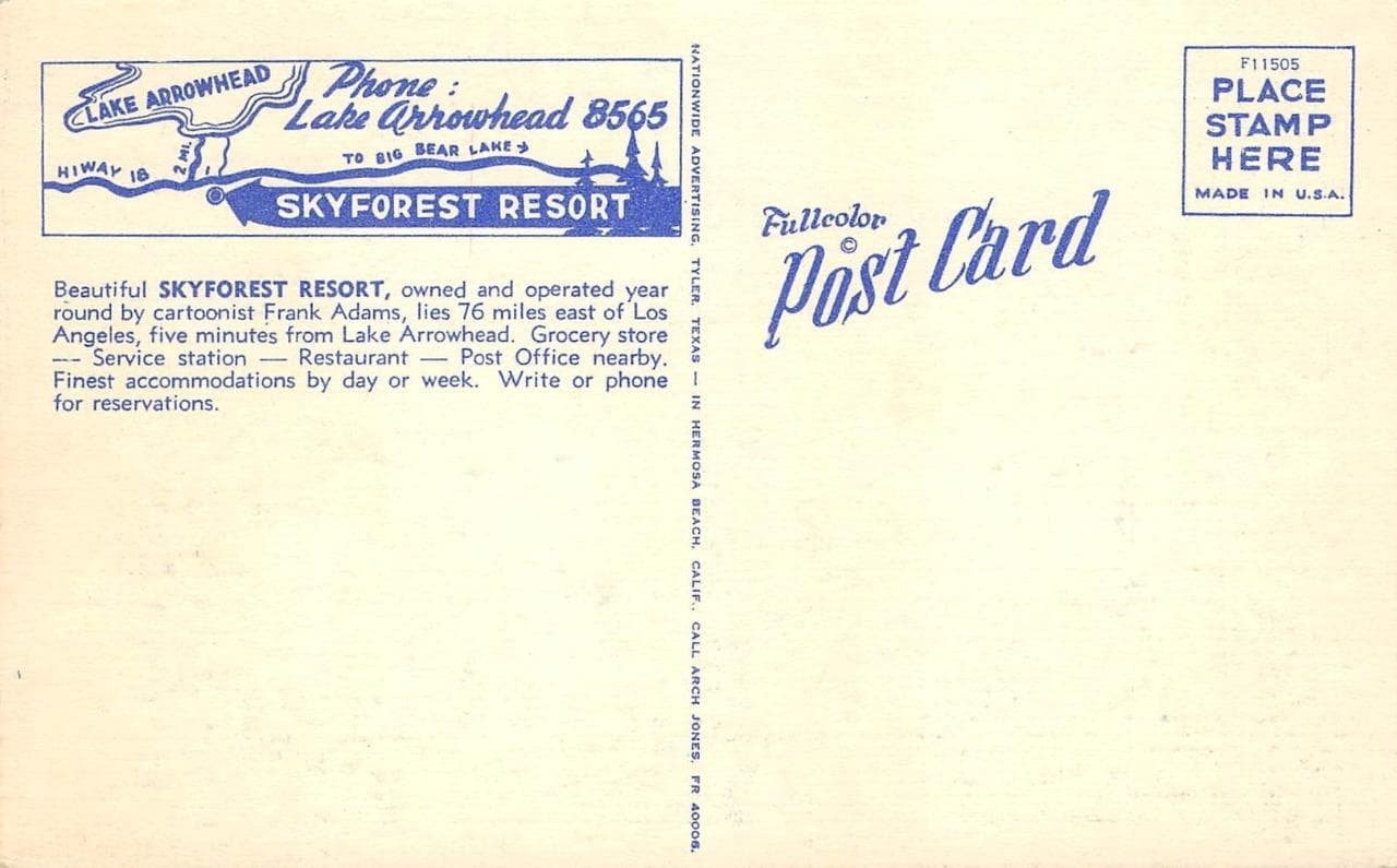 The reverse of a Skyforest Resort postcard, showing a route map and reservation details