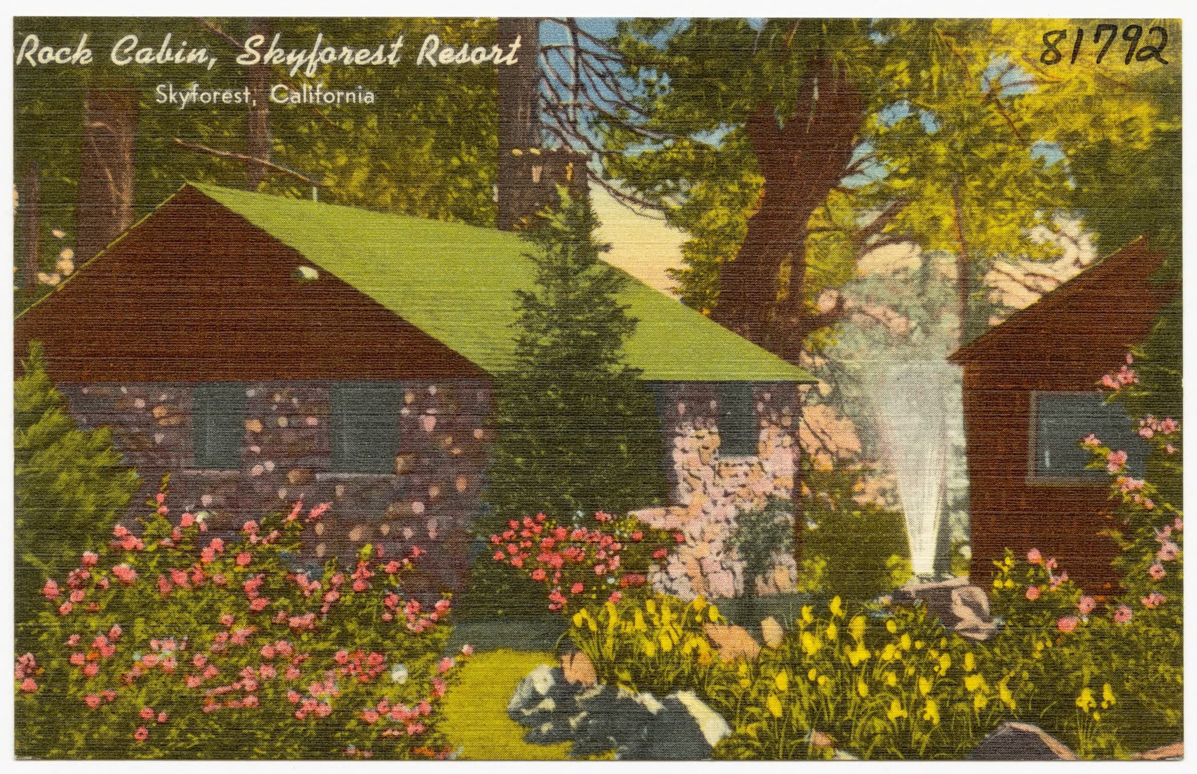 A linen postcard of the Rock Cabin at Skyforest Resort, Skyforest, California