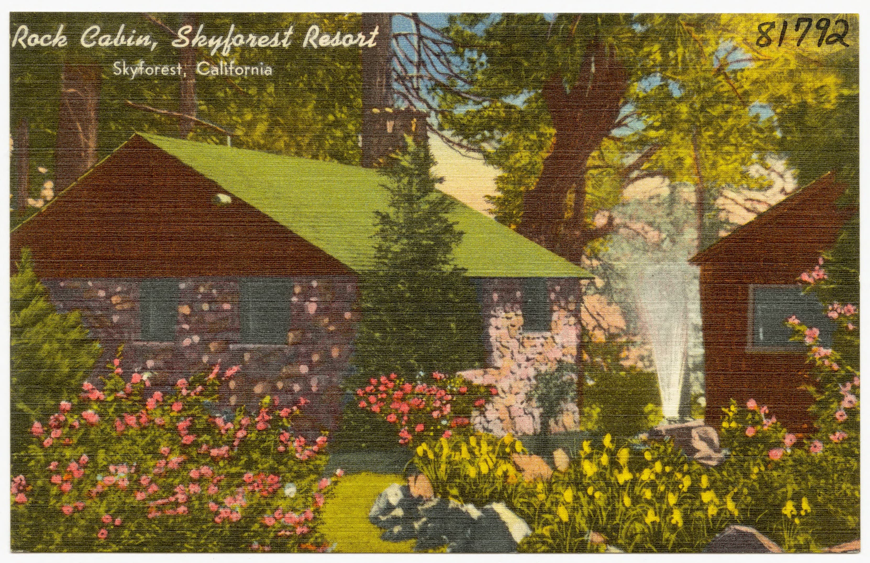 A linen postcard of the Rock Cabin at Skyforest Resort, Skyforest, California